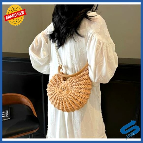 Handwoven Seashell Hobo Bag Crochet Beach Shoulder Crossbody Purse - Picture 2 of 7